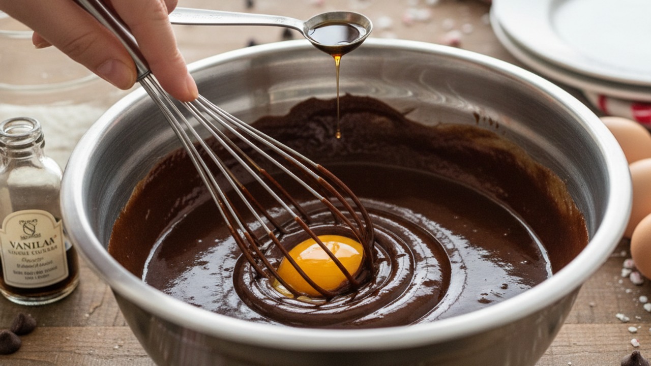 Incorporate the eggs and vanilla