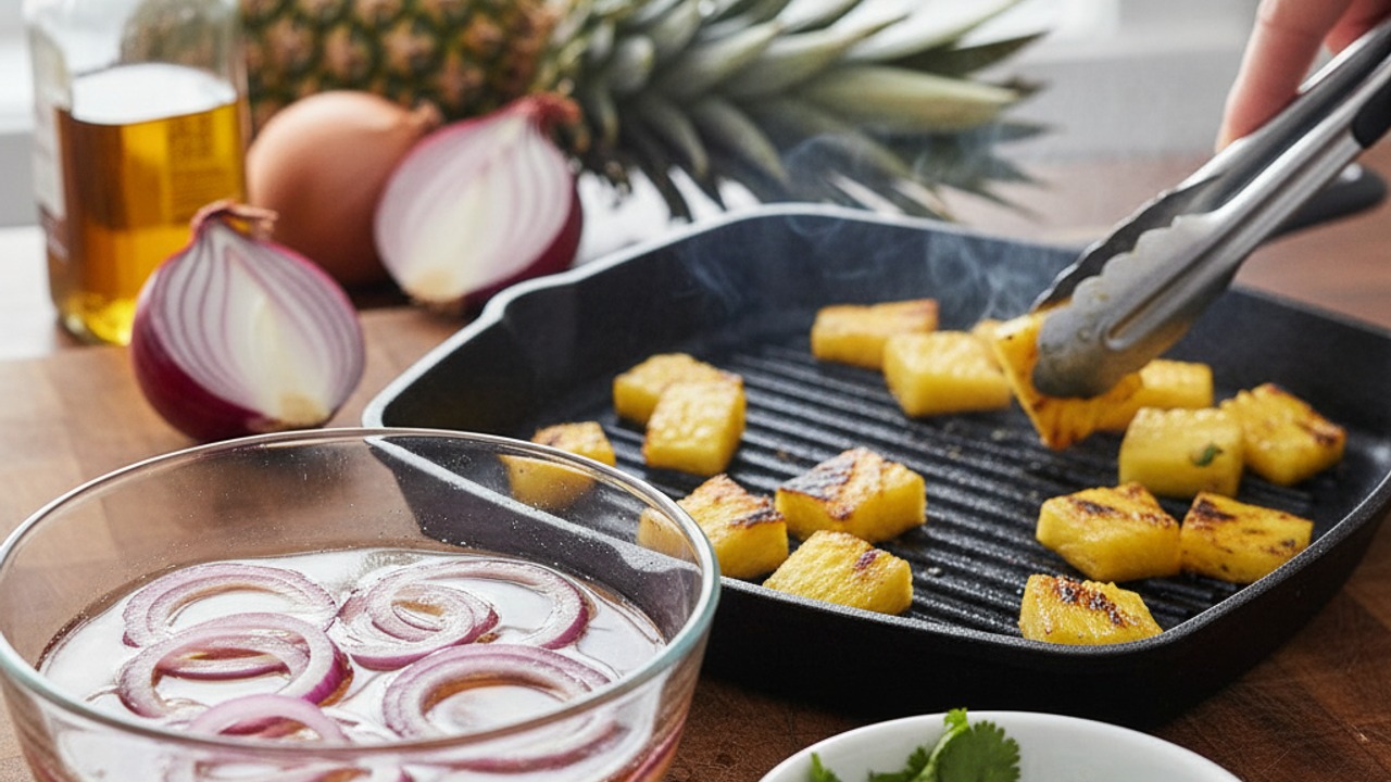 Make quick-pickled red onions and charred pineapple salsa