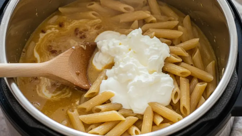 Add liquids, cream and pasta