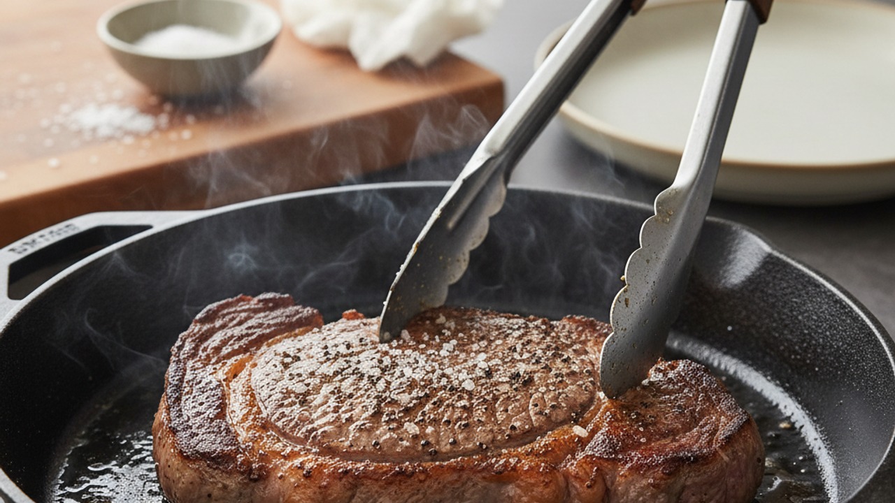 Season and sear the steaks