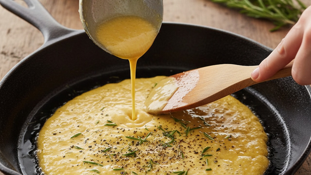Pour batter and add toppings