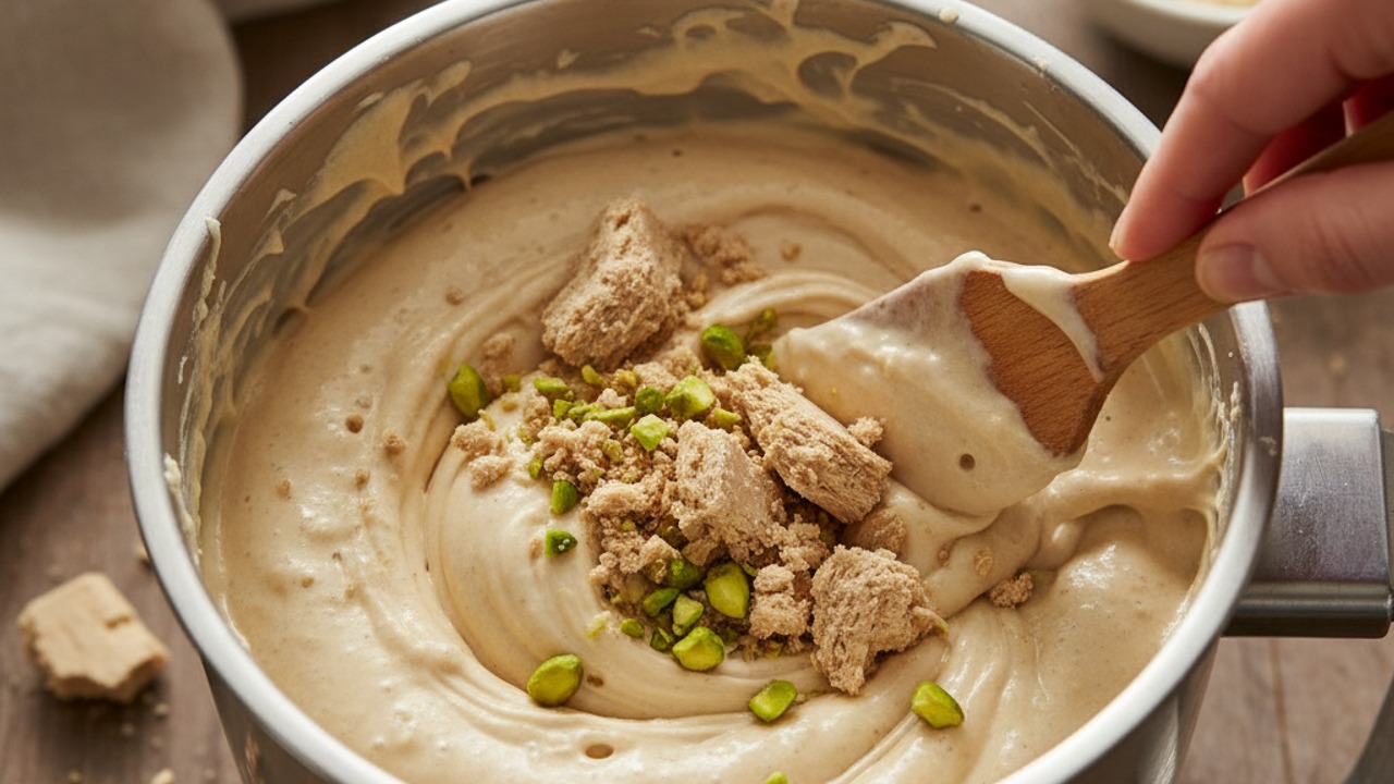 Churn and fold in halva and pistachios