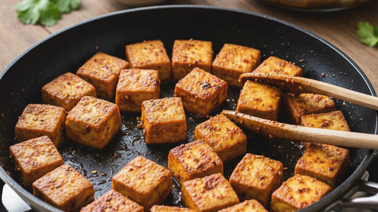 Cube and marinate the tofu, then pan-fry
