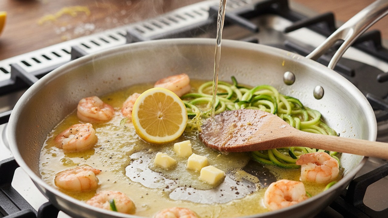 Deglaze and make the scampi sauce