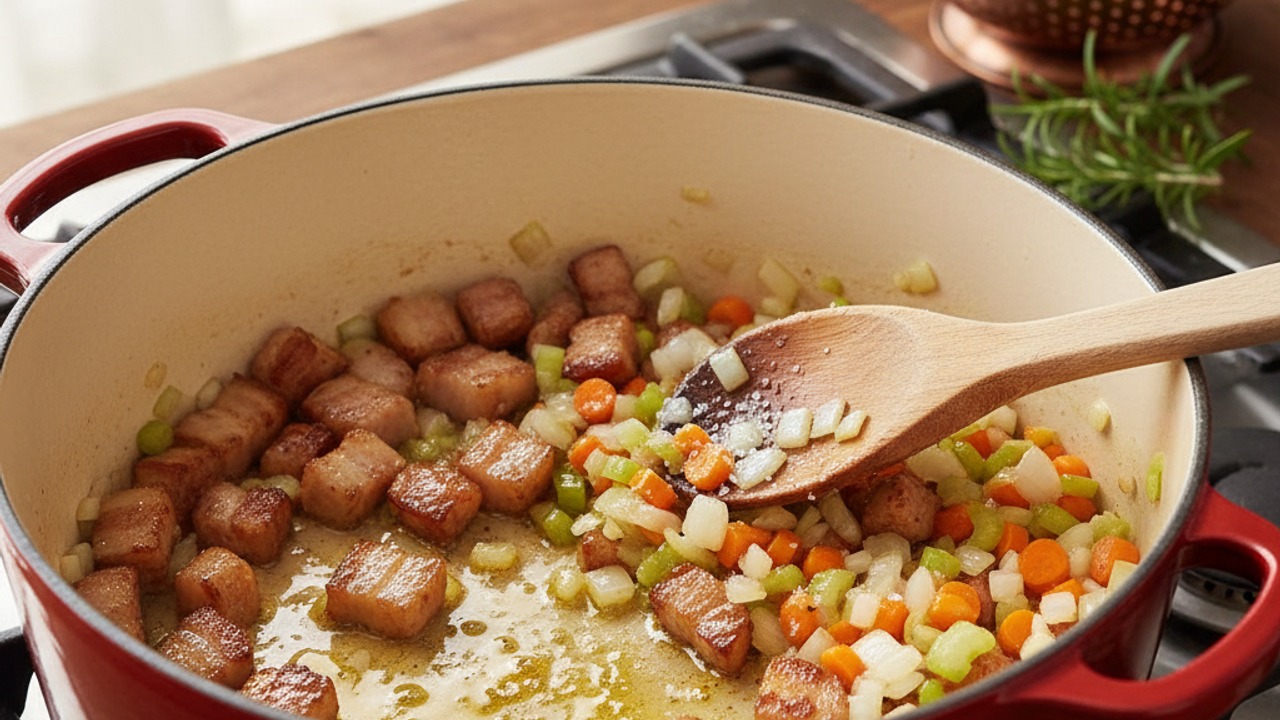 Cook the soffritto and pancetta