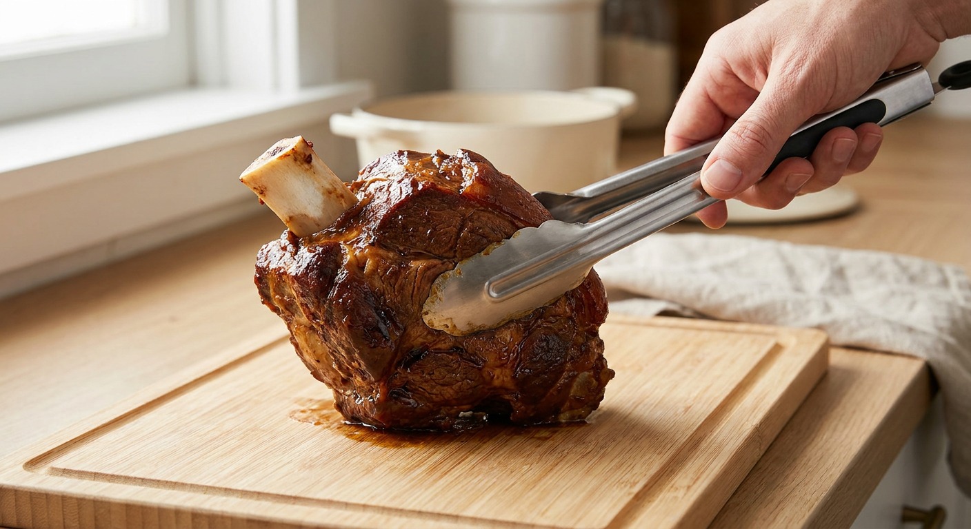 Remove bone, shred pork and concentrate the sauce