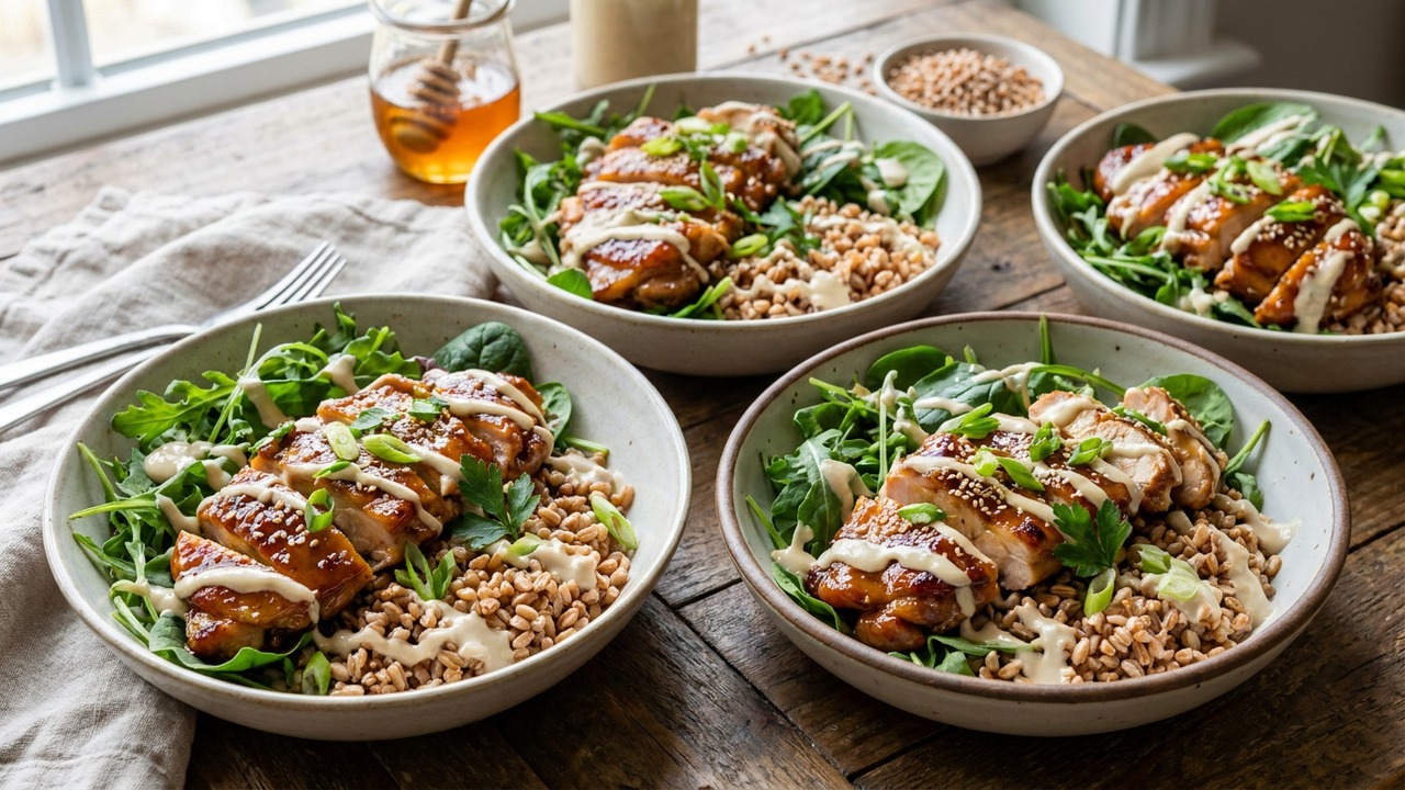 Honey Garlic Chicken Thigh Meal-Prep Bowls with Farro, Greens, and Tahini Drizzle