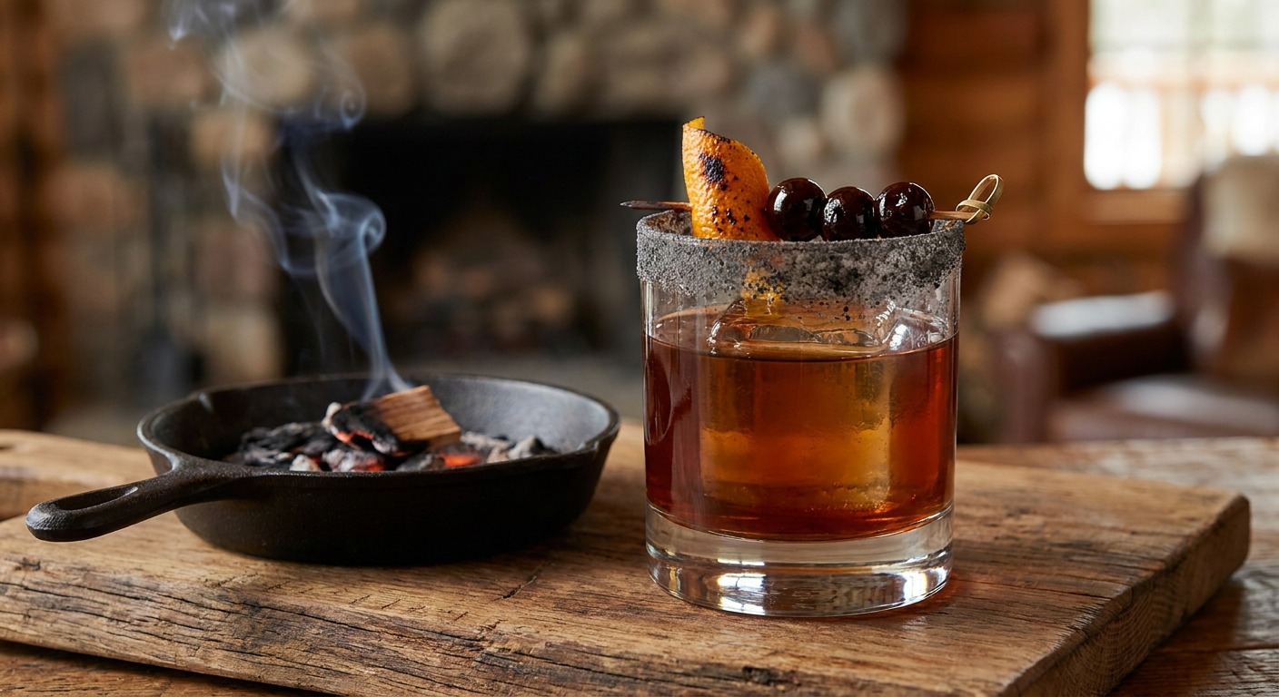 Campfire-Smoked Old Fashioned with Grilled Orange and Wood-Ash Rim