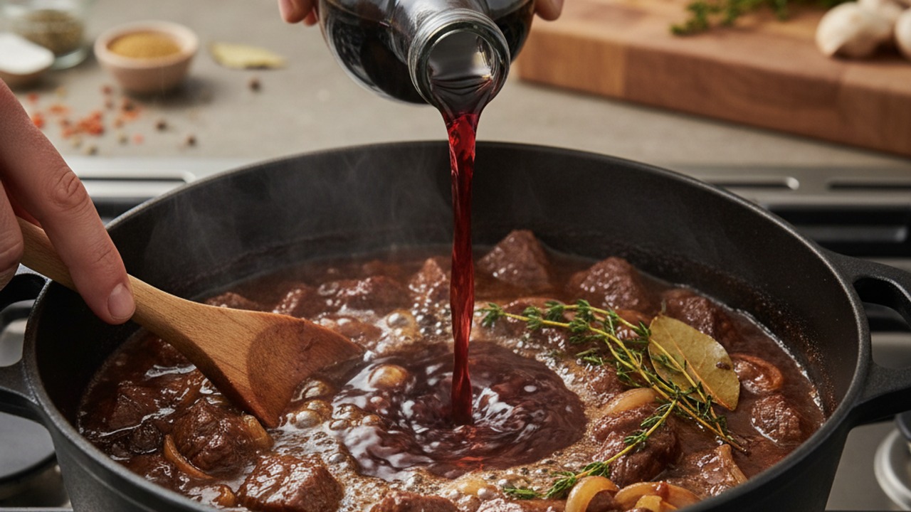 Build flavor and deglaze with red wine