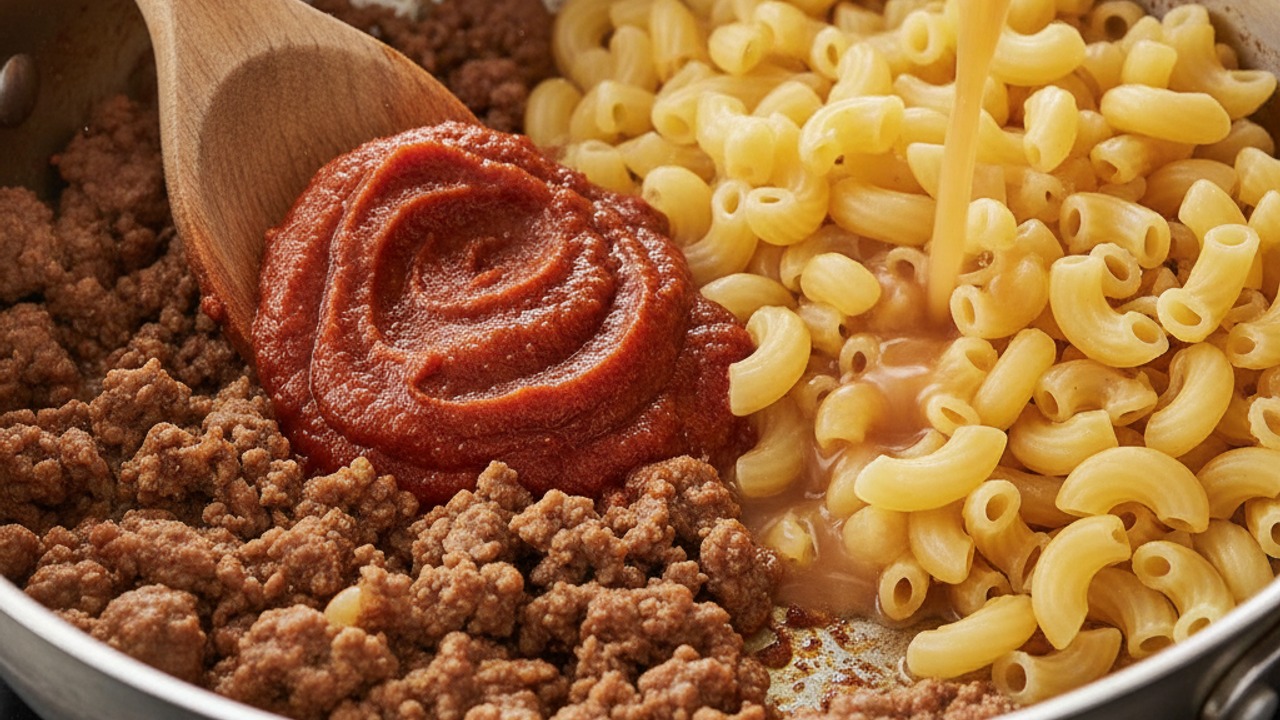 Add tomato paste, broth and pasta