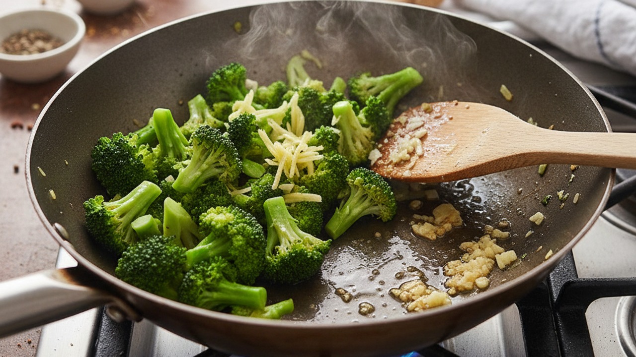 Stir-fry broccoli and aromatics