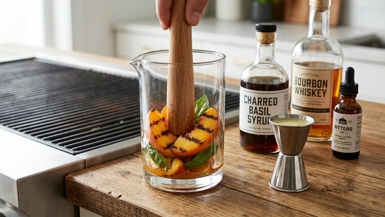 Muddle peaches with lemon, basil and bourbon