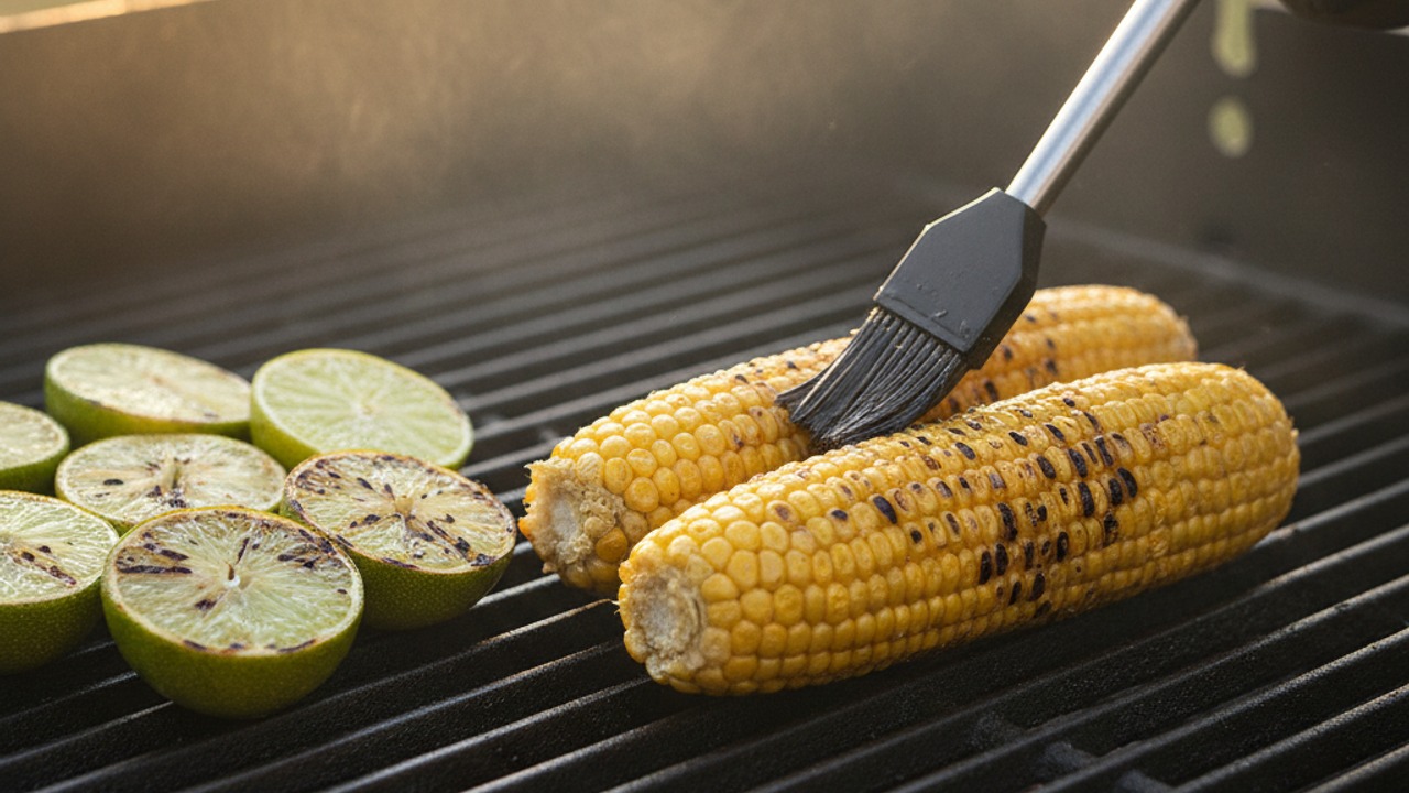 Preheat and char corn and limes