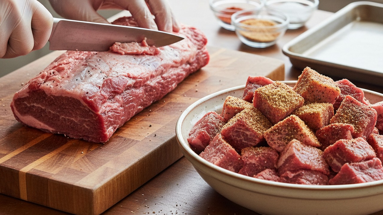 Trim, cube and season the brisket tips