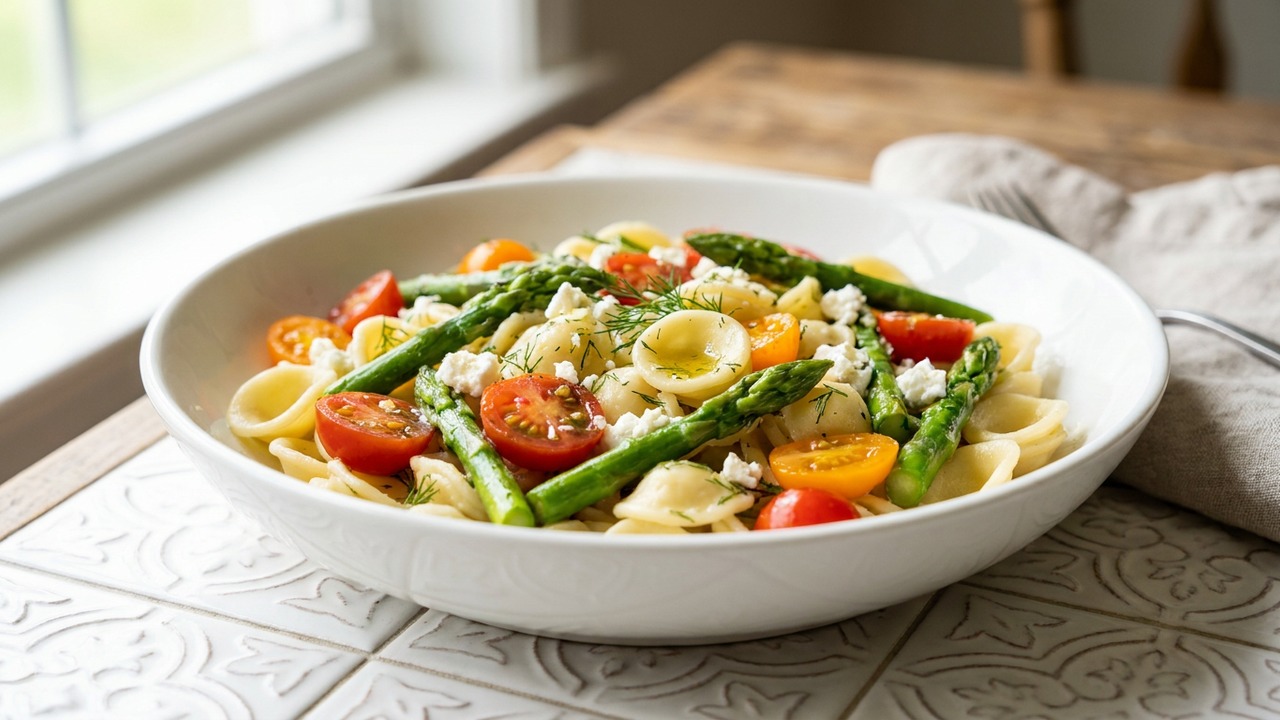 Spring Asparagus Pasta Salad with Feta, Dill and Lemon Vinaigrette