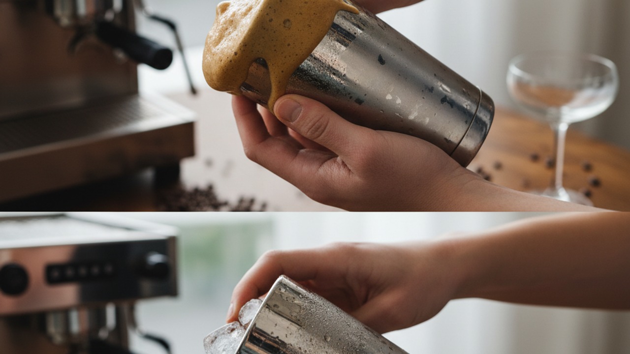 Dry shake then wet shake for a silky crema