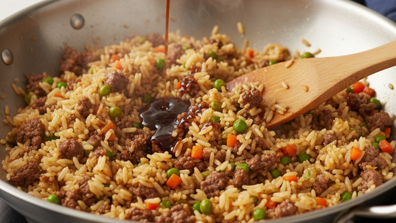 Fry the rice with veggies and sauce