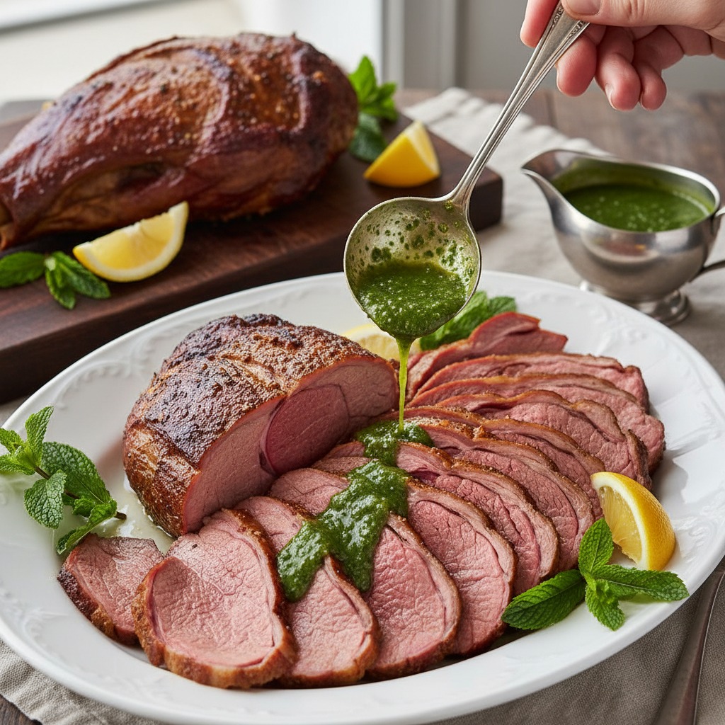Carve and serve with mint sauce