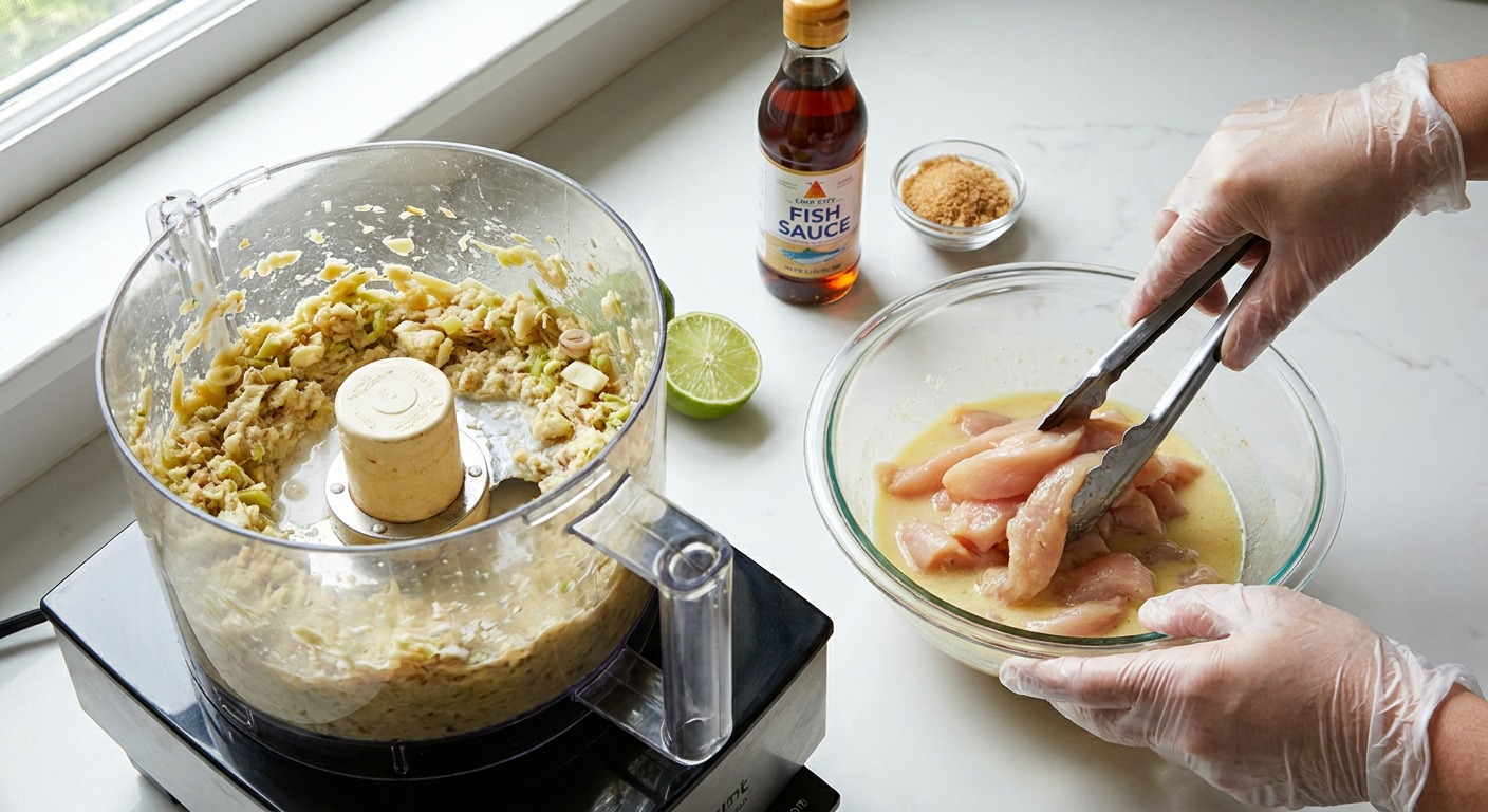 Make the lemongrass-coconut marinade and marinate the chicken