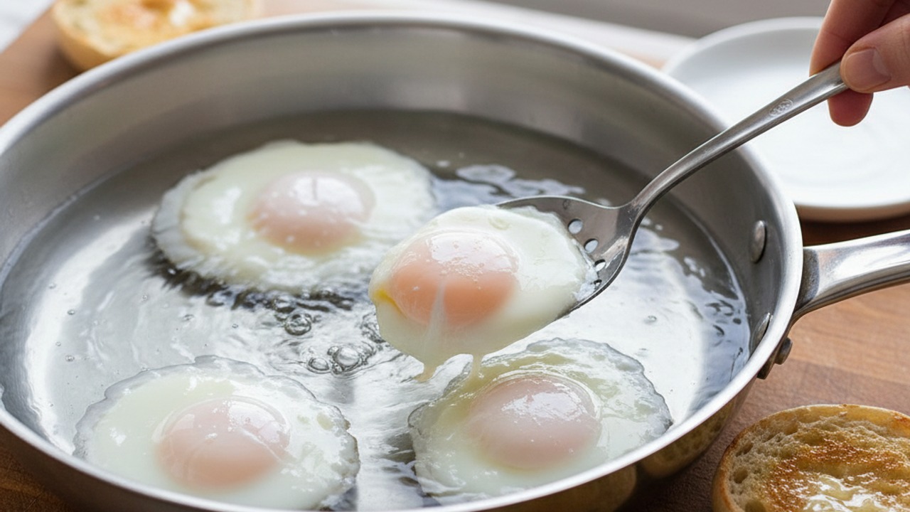 Poach eggs and toast muffins