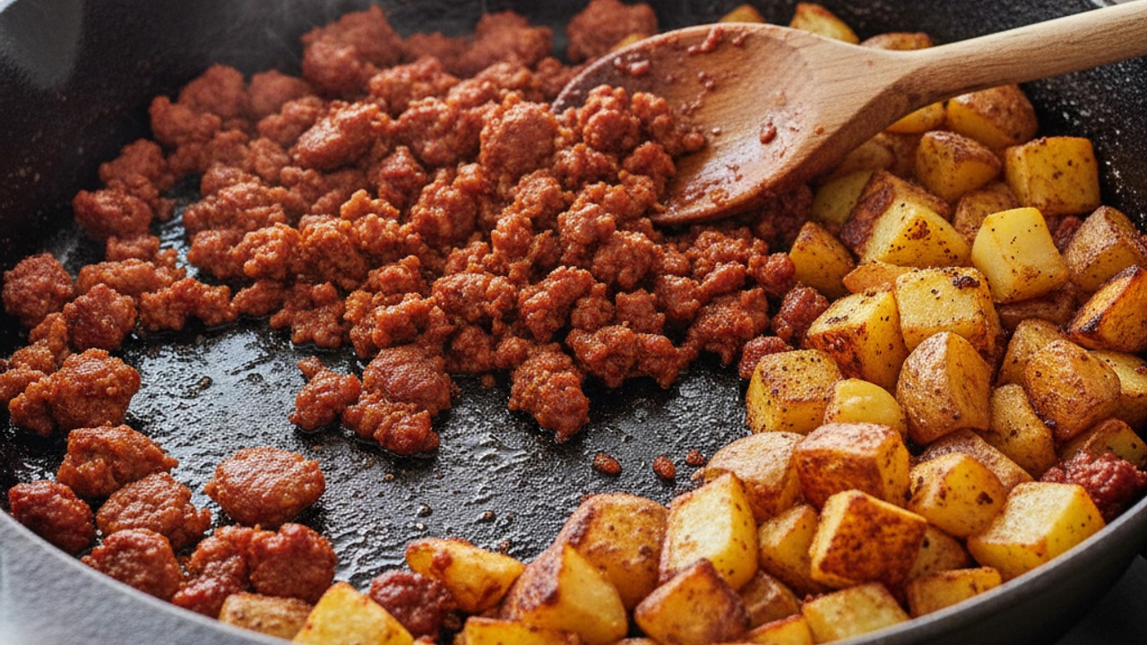 Cook the chorizo and crisp the potatoes