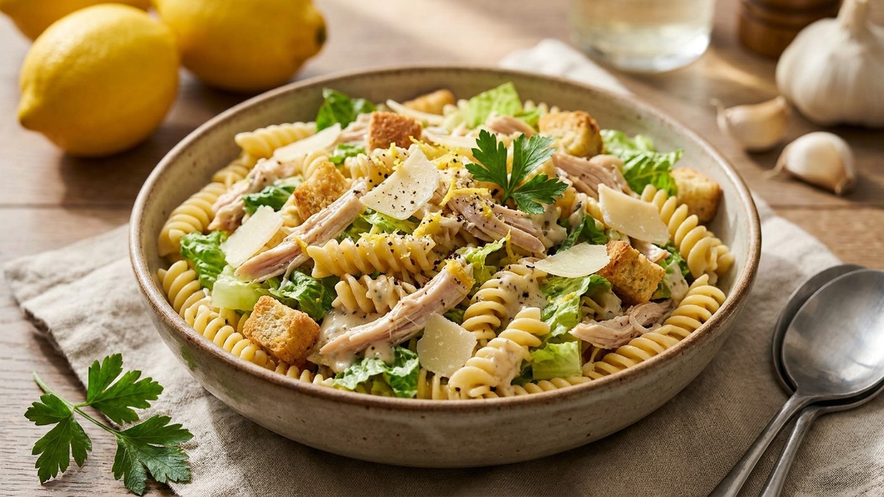 Rotisserie Chicken Caesar Pasta Salad with Lemon Garlic Dressing