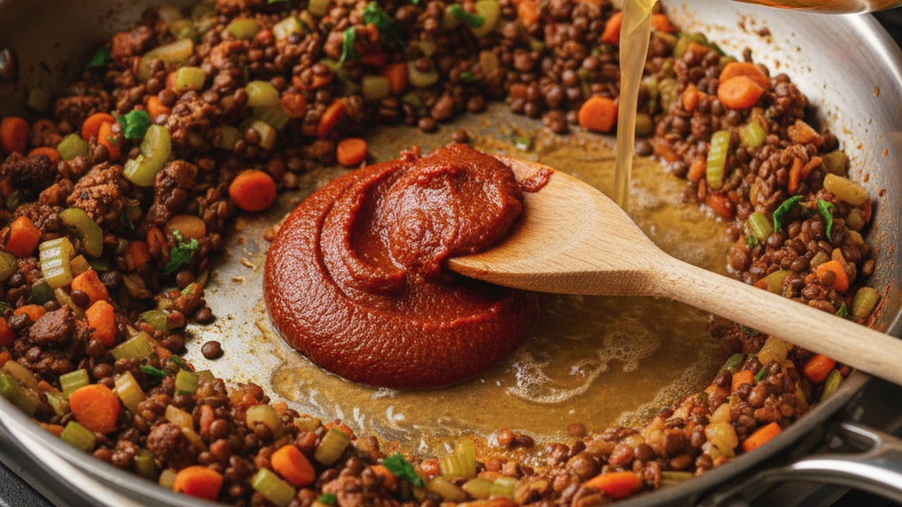 Build flavor with tomato paste and broth