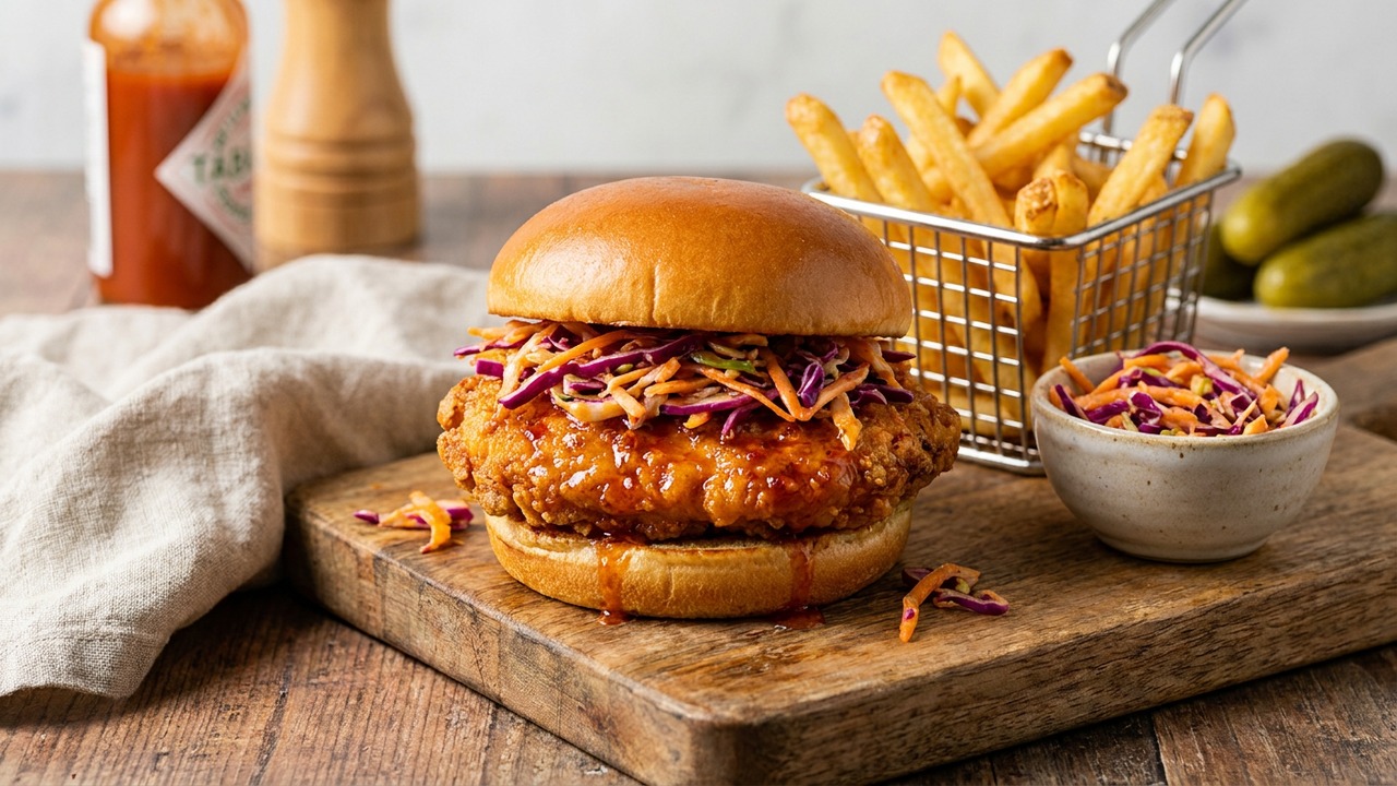 Crispy Buttermilk Fried Chicken Burger with Nashville Hot Slaw (Air Fryer Option)