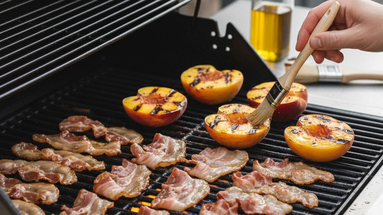 Grill the peaches and crisp the pancetta