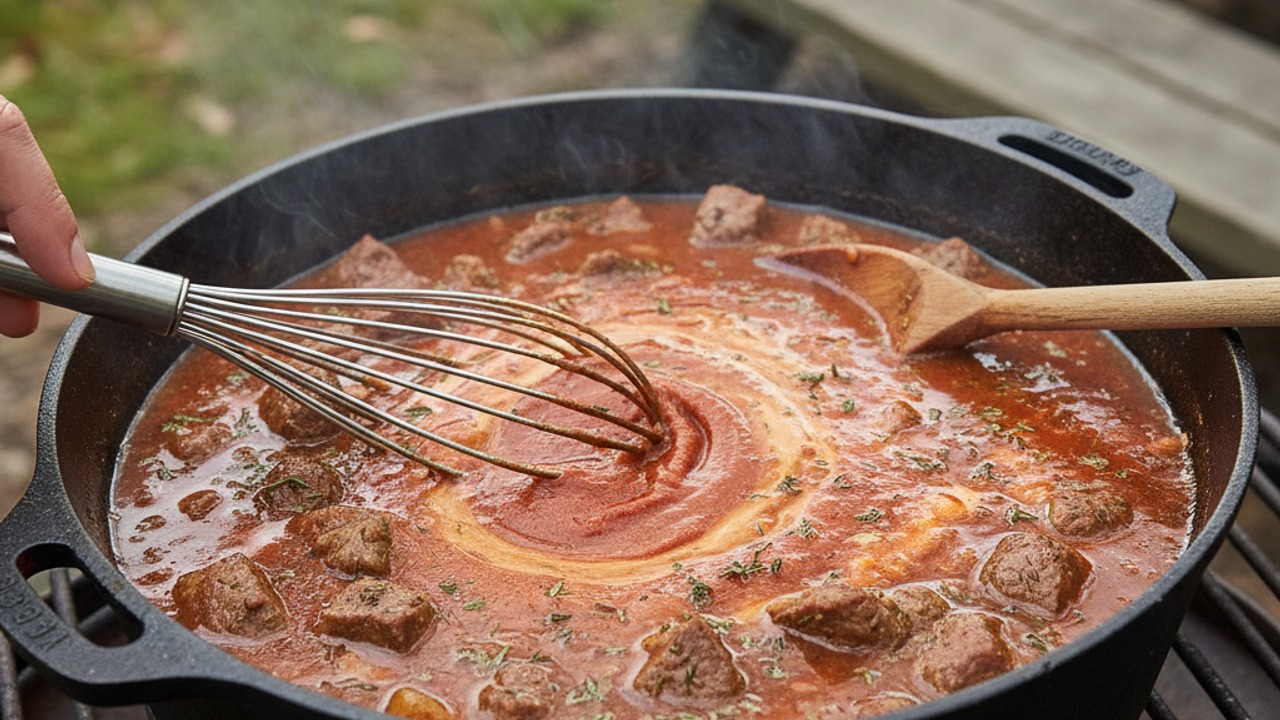 Add broth, tomato paste, and thyme
