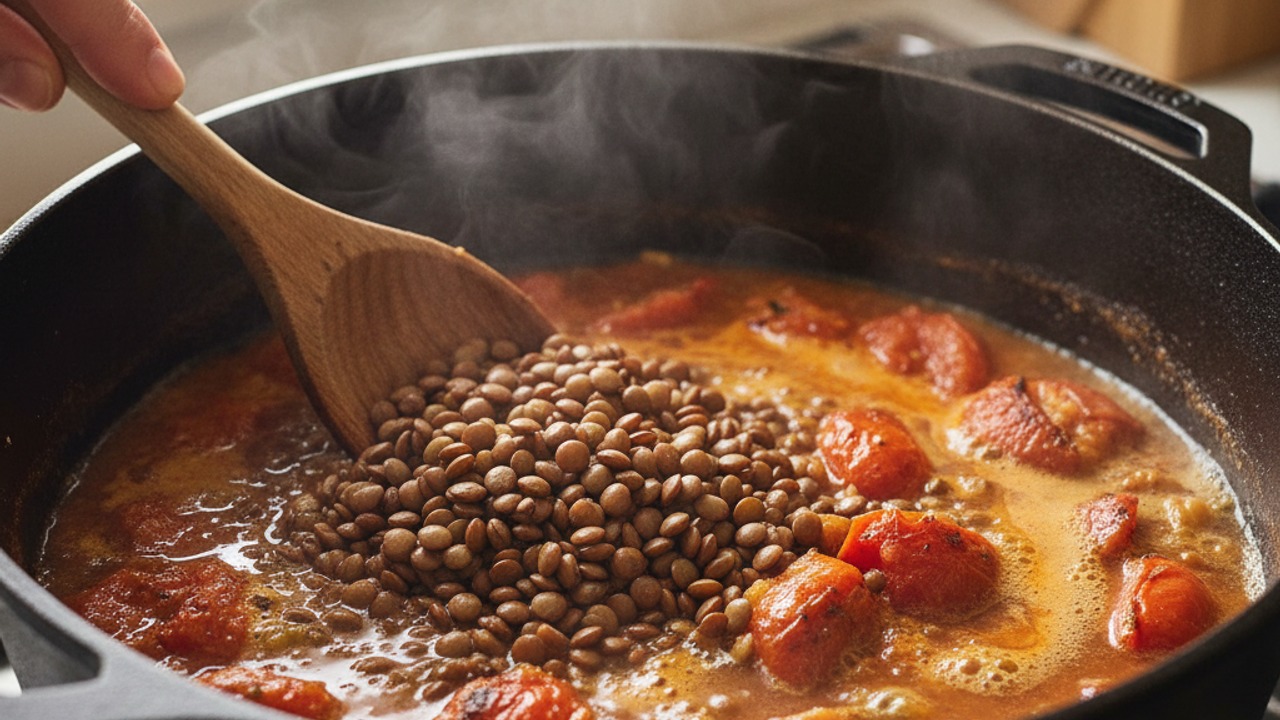 Add lentils, tomatoes and broth; simmer