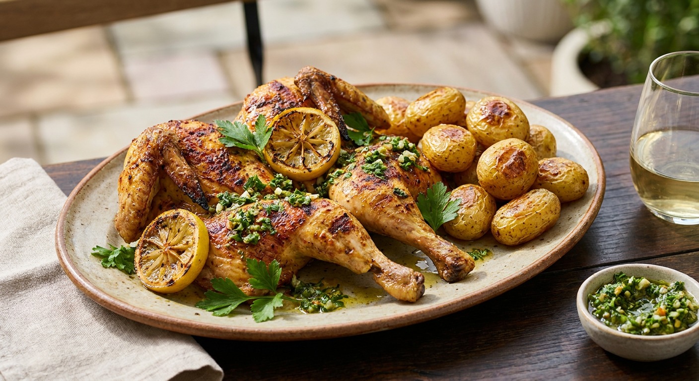 Spatchcocked Lemon-Garlic Grilled Chicken with Charred Gremolata and Crispy Grill-Potatoes