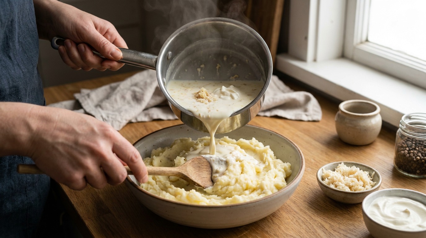 Warm dairy and fold in with horseradish and sour cream