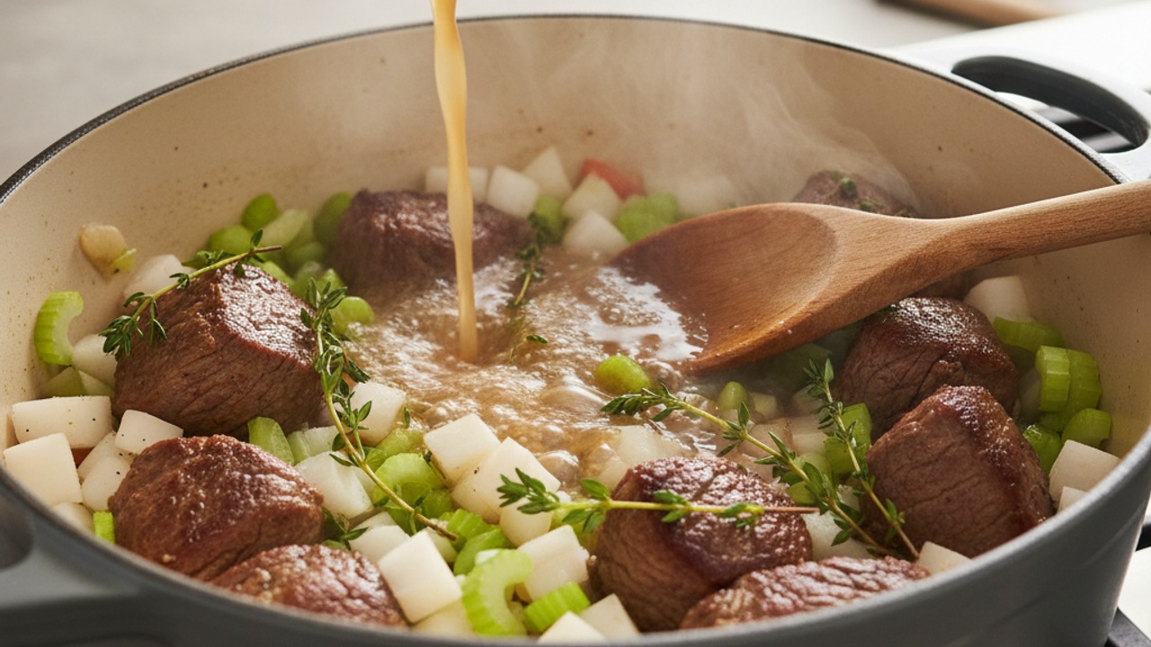 Combine liquids, vegetables, and herbs