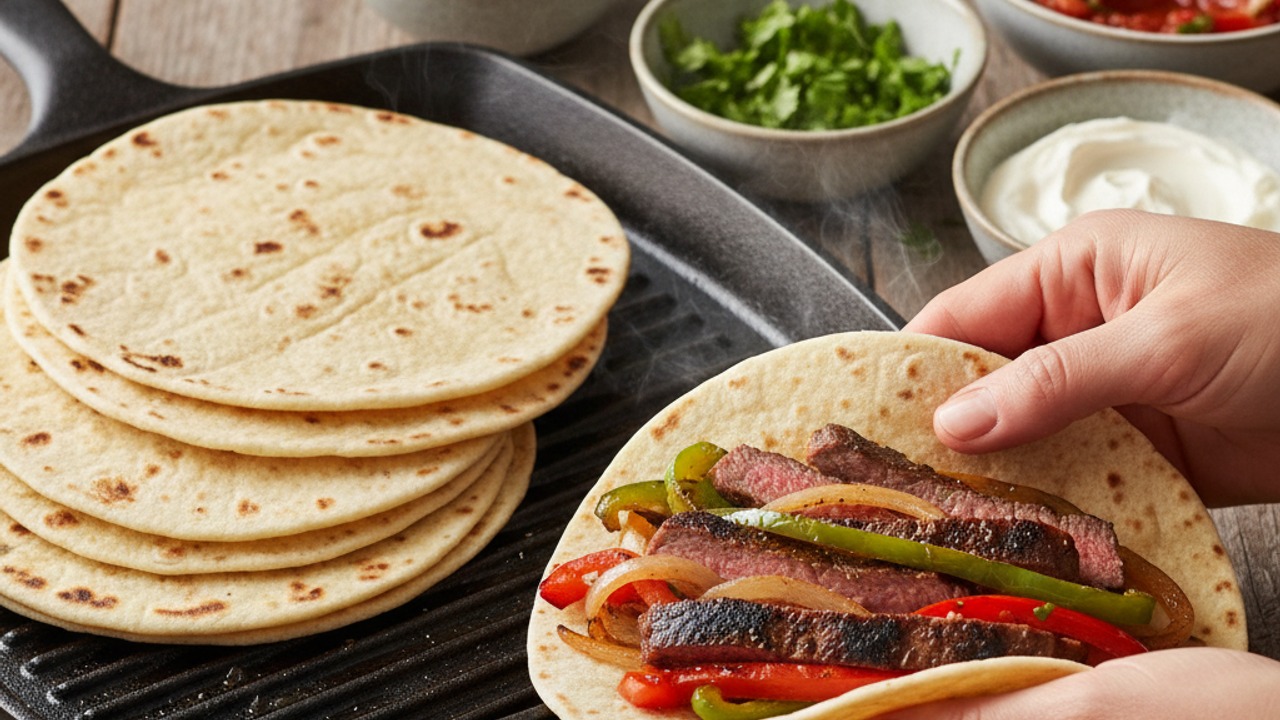 Warm tortillas and assemble fajitas