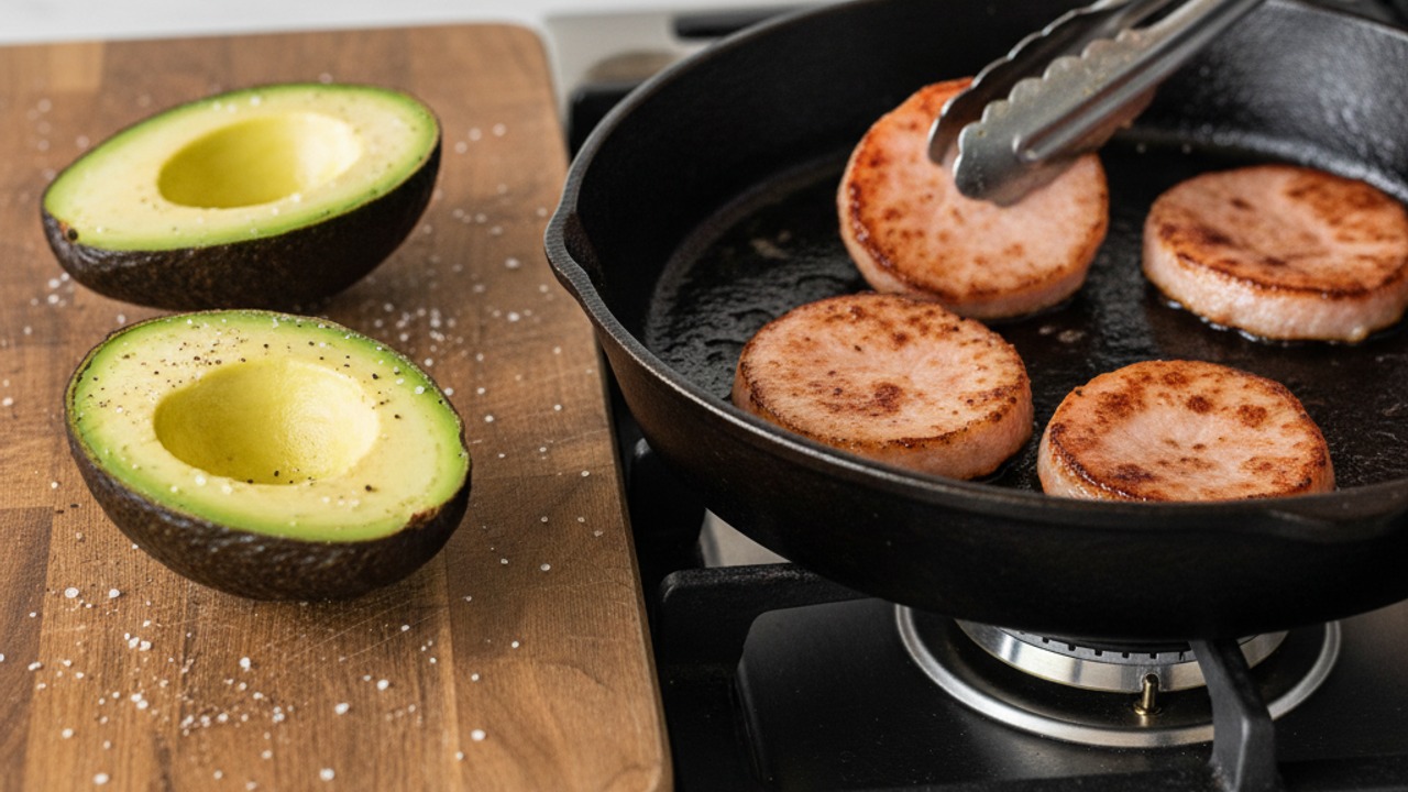 Prep avocado halves and sear Canadian bacon