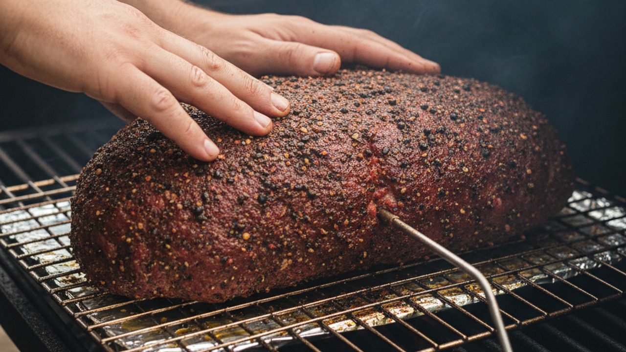 Season exterior and place in smoker