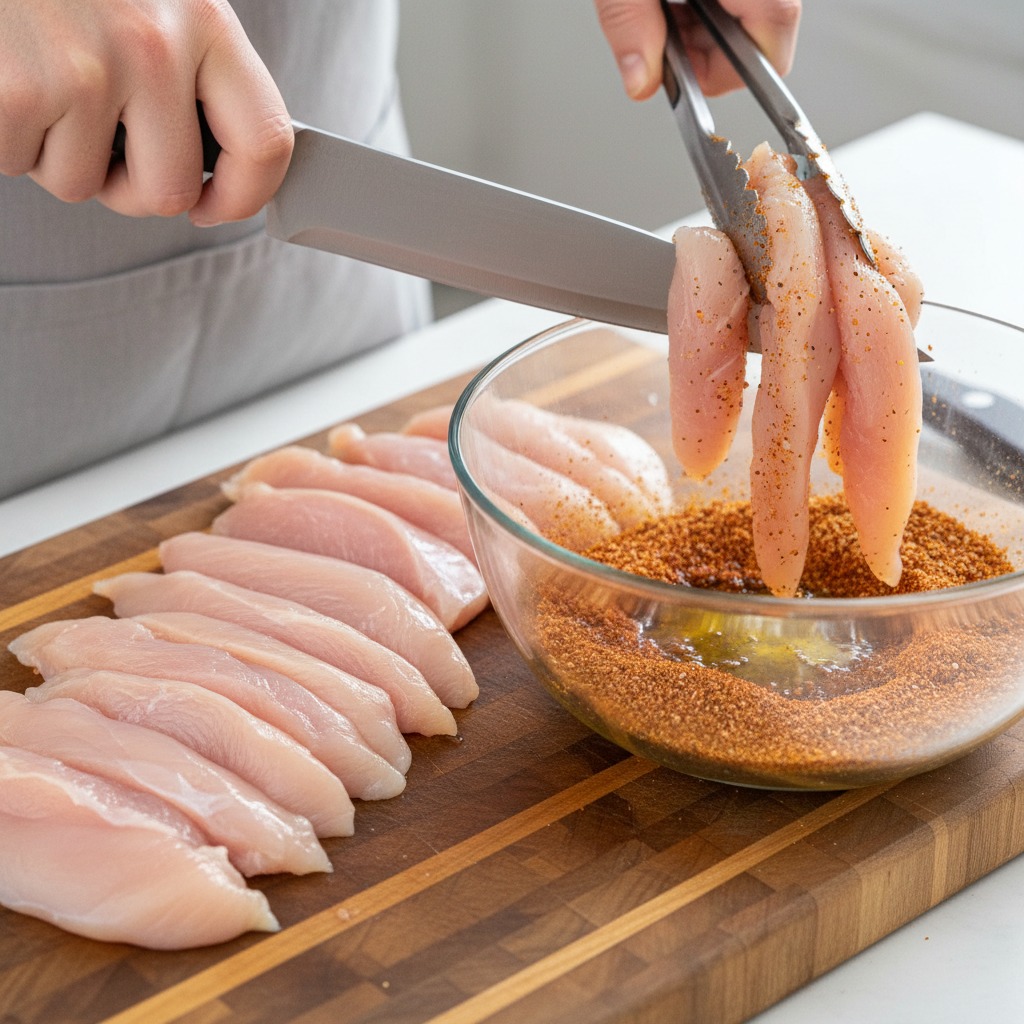 Season and slice the chicken