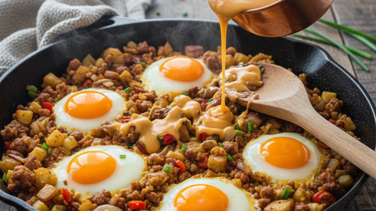 Assemble, add the cheese, and make wells for eggs
