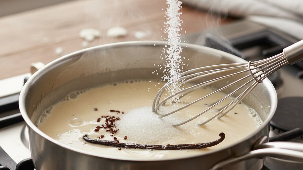 Warm and infuse with vanilla and sugar