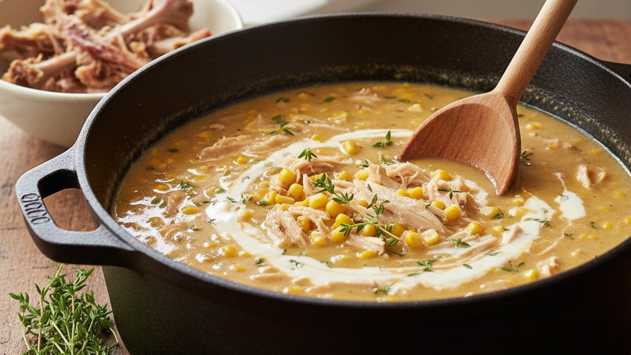 Add smoked chicken and corn, finish with cream