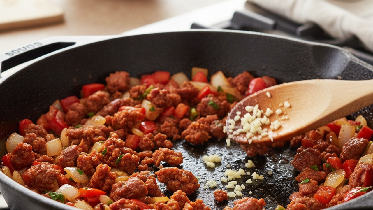 Cook the chorizo and vegetables