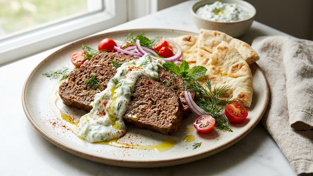 Homemade Beef Gyro Meat with Tzatziki and Warm Pita