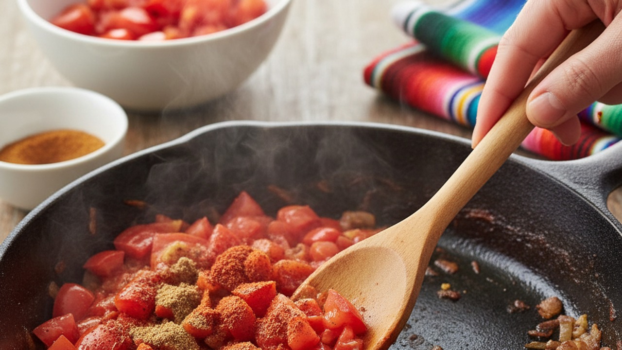 Add spices and tomatoes