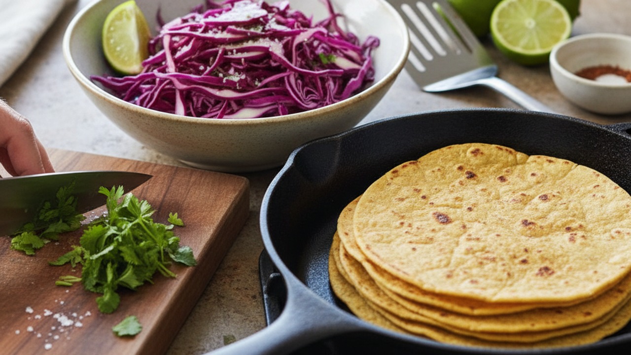 Warm tortillas and prep slaw