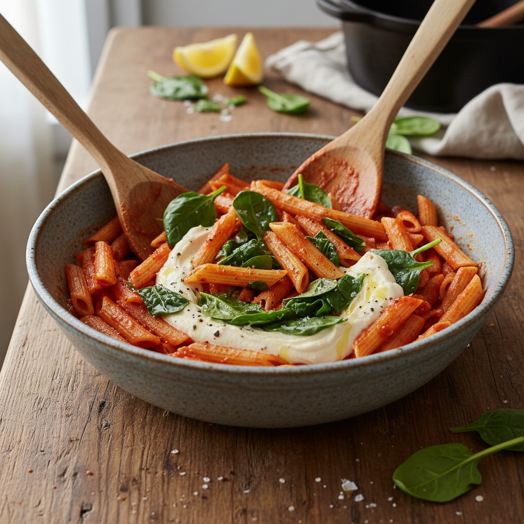 Combine pasta, sauce and greens