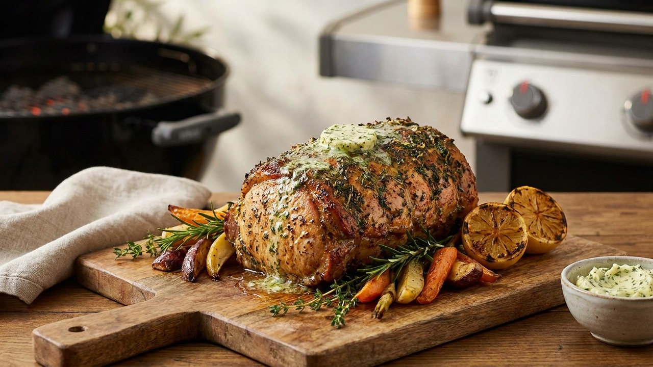Grilled Rotisserie Pork Roast with Herbed Butter for Charcoal and Gas Grills