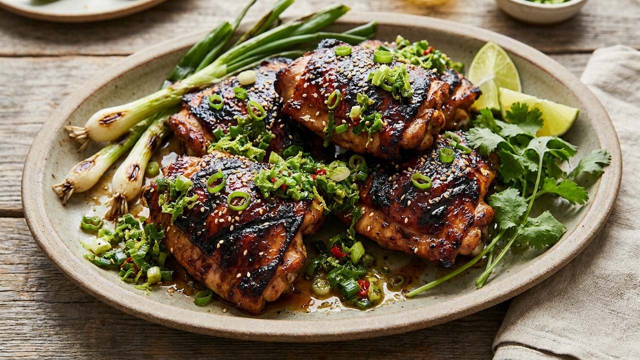 Sticky Grilled Honey Garlic Chicken Thighs with Charred Scallion Relish