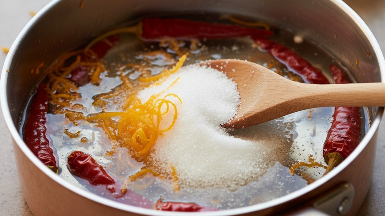 Combine sugar, water, zest, and chiles