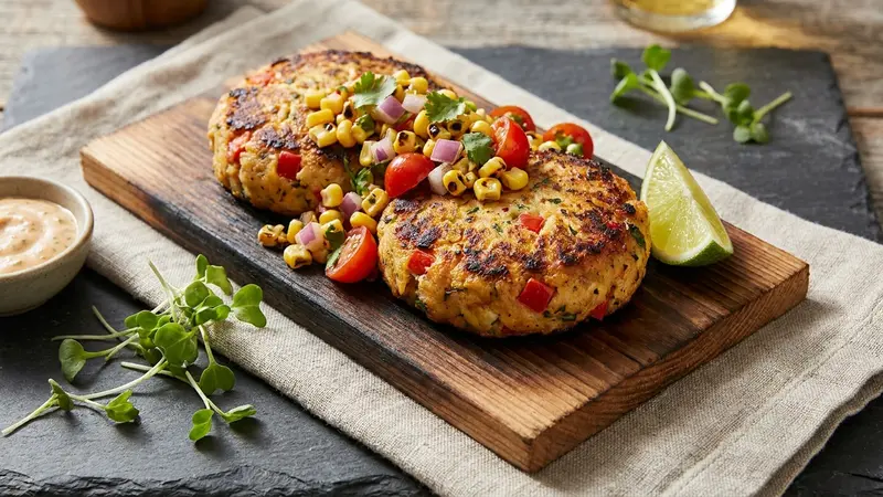 Grilled Cajun Crab Cakes on Cedar with Charred Corn Salsa